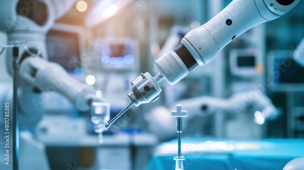 Fototapeta A medical robot performing a delicate surgery with articulated robotic arms handling surgical tools