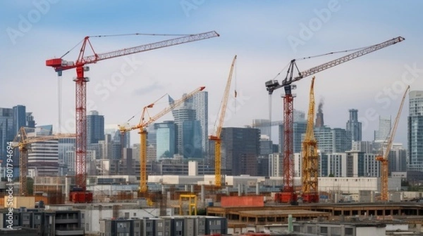 Fototapeta Tower cranes rise above a construction site, stark against the bustling city skyline in the background