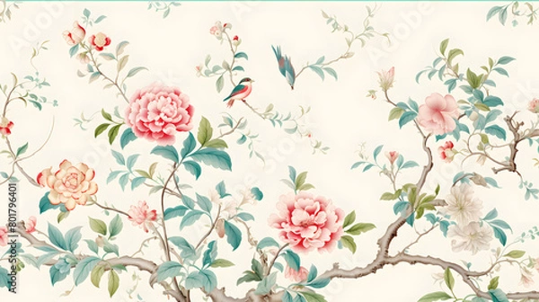 Obraz Digital vintage watercolor chinoiserie pattern abstract graphic poster web page PPT background