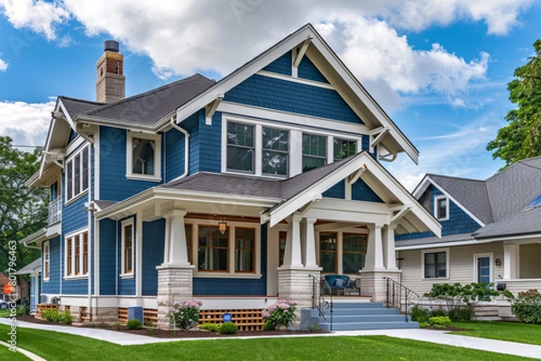 Obraz A two-story Craftsman home with a striking blue and white color scheme, detailed trim work, and a welcoming front porch, located in a suburban neighborhood.