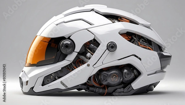 Fototapeta A futuristic cybernetic helmet on a white background with a gray background, modern stylized intricate high tech helmet