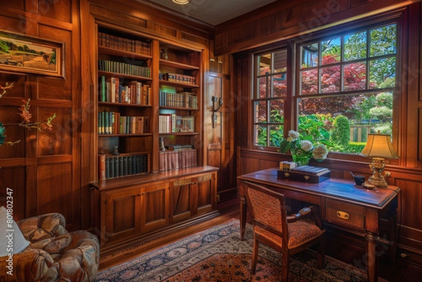 Fototapeta An intimate craftsman style study, with rich wooden paneling, a built-in bookcase filled with classics, and a vintage desk by a window overlooking a tranquil garden.