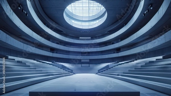Fototapeta a stage in the middle an empty arena, light silver and indigo