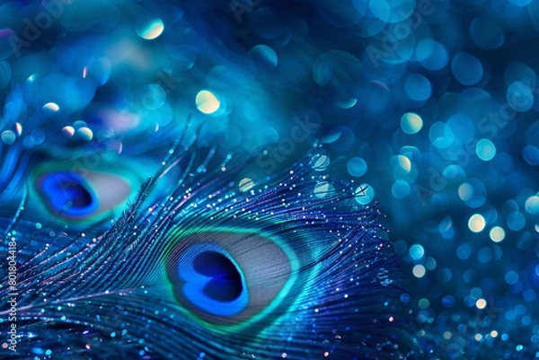 Fototapeta Peacock Blue Glitter Defocused Abstract Twinkly Lights Background, shimmering blurred lights with vibrant peacock blue tones.