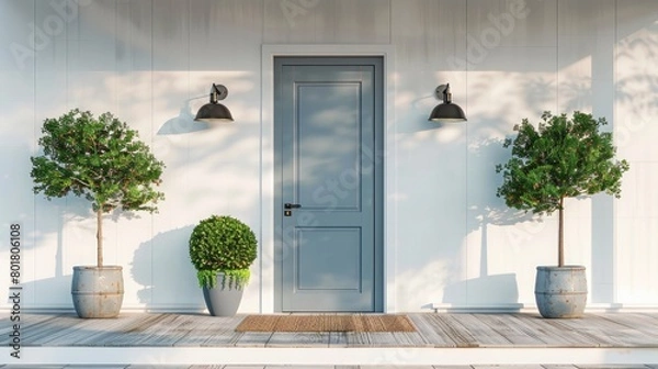 Fototapeta Real estate concept.  trees in pots and lamps.Stylish front door of modern house with white walls, doormat.