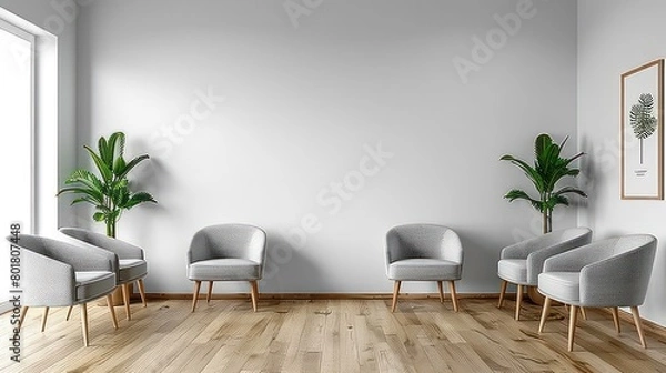 Obraz doctor's office waiting room with a white wall, some soft gray chairs, oak flooring