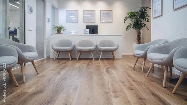Obraz doctor's office waiting room with a white wall, some soft gray chairs, oak flooring