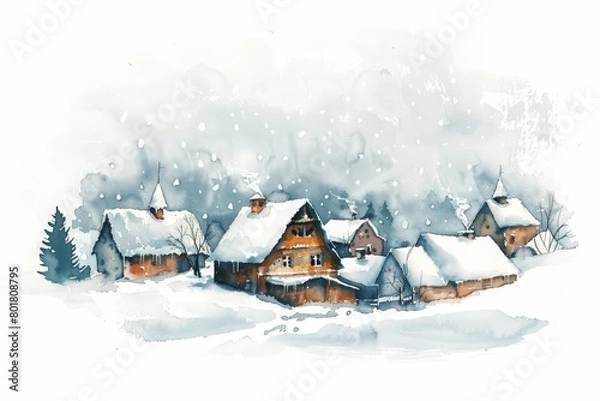 Obraz A winter village scene with snow-covered houses and trees. The sky is a light blue and the sun is shining brightly. The village is surrounded by a forest of pine trees.