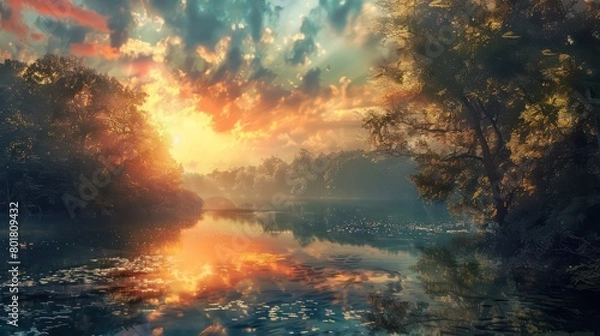 Fototapeta beautiful nature forest and water lake
