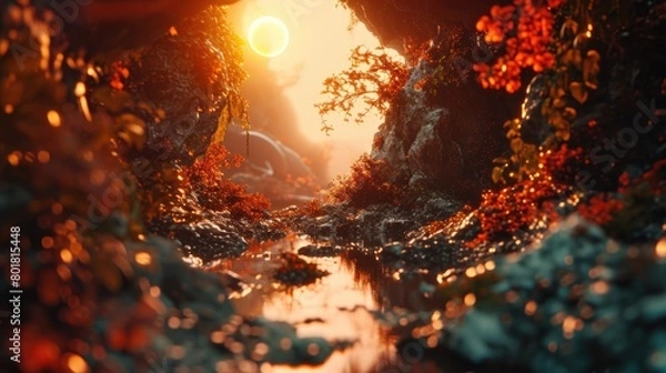 Fototapeta beautiful sun rise between two mountains and river. Generative Ai.