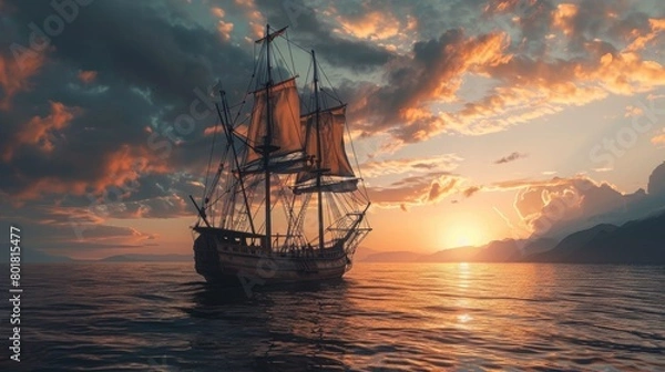Fototapeta Sailing Ship in a Scene of Dramatic Discovery. Generative Ai.
