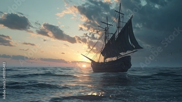 Fototapeta Sailing Ship Amid Dramatic Seas. Generative Ai.