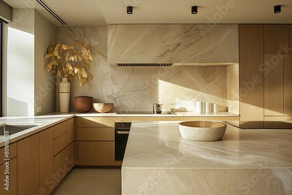 Fototapeta Elegant Minimalist Kitchen in Vancouver Condo with Streamlined Cabinetry and Earth Tones, Illuminated by Soft Morning Light