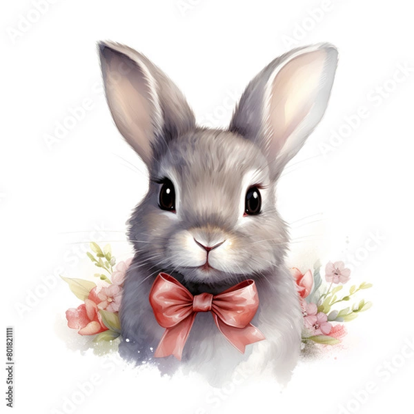 Obraz リボンをつけたうさぎの水彩イラスト