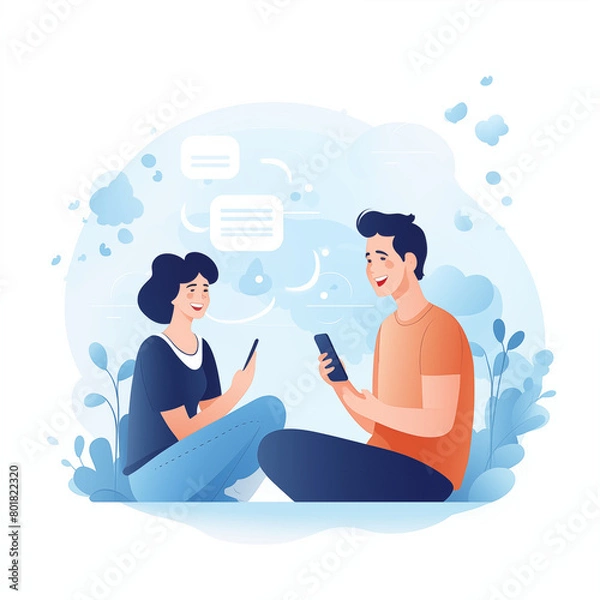 Obraz スマホでメッセージを送りあう男女のイメージイラスト