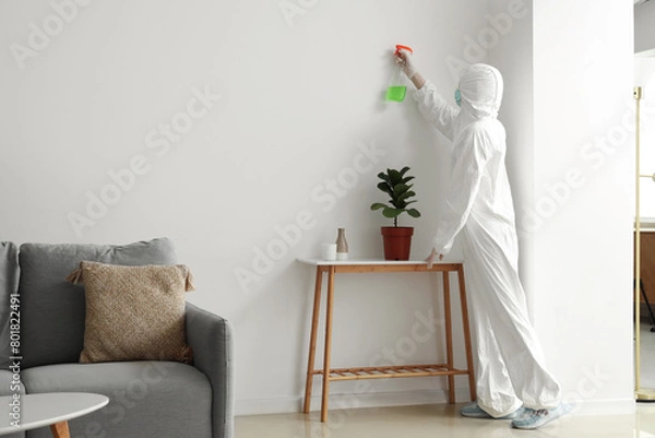 Fototapeta Female worker of cleaning service removing mold from wall in room