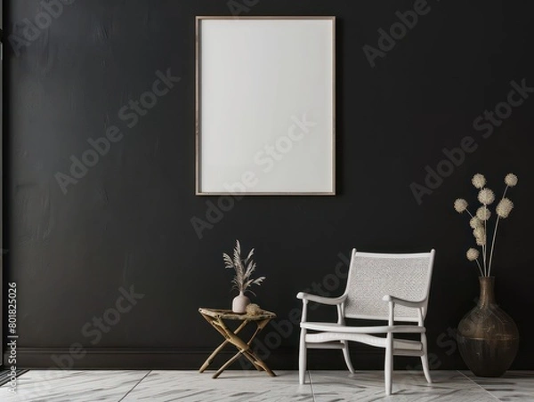 Fototapeta modern room, with white empty painting frame in the center on a black wall