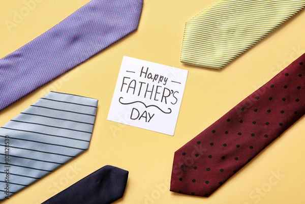 Fototapeta Paper with text HAPPY FATHER'S DAY and ties on yellow background