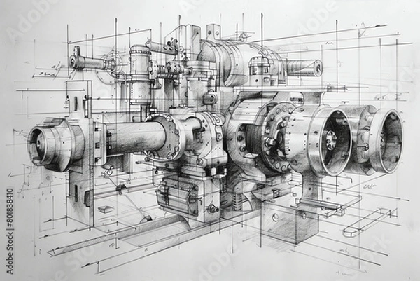 Fototapeta Technical drawing of a complex engine with detailed schematics and labeled components