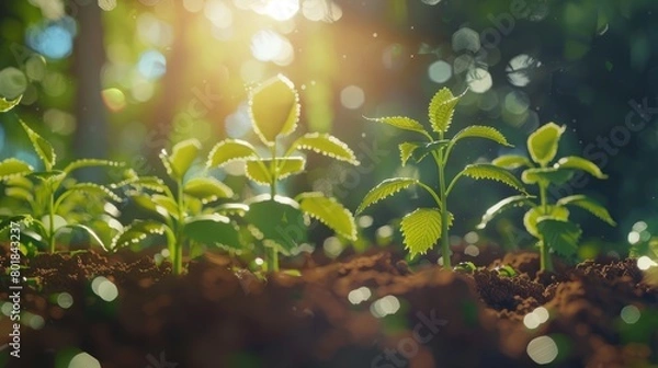 Fototapeta Concept of business growth,profit, development and success. Young plants increase on sunny background.Growing money,finance and investment. Generative Ai. hyper realistic 