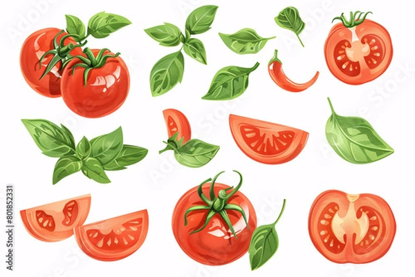 Fototapeta An illustration of Ripe tomatoes and leaves scattered on a white background, flat lay top view