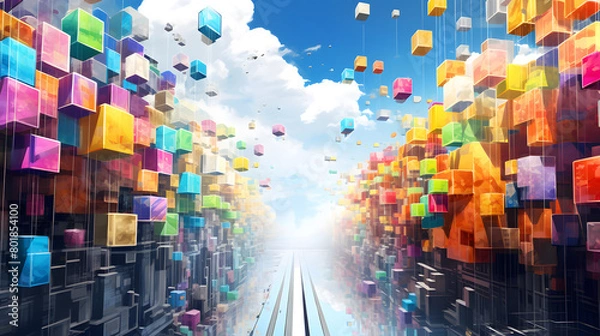 Fototapeta Digital colorful shiny blocks city abstract art design graphic poster web page PPT background