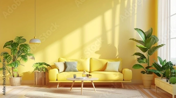 Fototapeta Fresh and youthful living room setup in soft yellow, combining modern aesthetics with functionality, perfect for promoting a positive mood