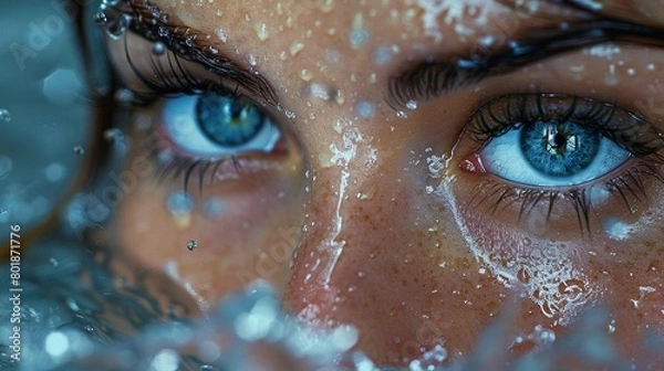 Obraz water splashing onto eyes, in the style of Black background, high detailed, dynamic and action-packed, high resolution.