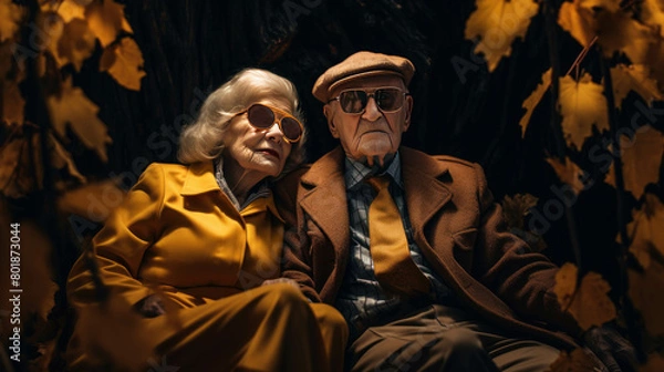 Fototapeta Happy Retired Elderly couple sitting amidst a pile of colorful autumn leaves and the simple pleasures