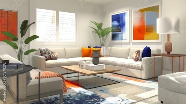 Fototapeta Contemporary and minimalist living room design for a young adult, emphasizing clean lines, functional space, and a neutral palette with vibrant color accents
