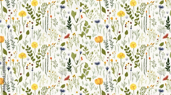 Fototapeta A seamless pattern of various types of flowers and plants on a white background.