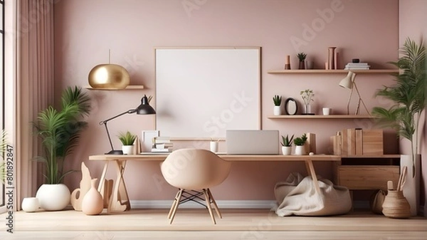 Fototapeta A4 White Mockup with Frame Shines in the New Office a white desk and chair set in a simple home office with a huge window letting in natural light .modern study space with a laptop, plants, a table, 