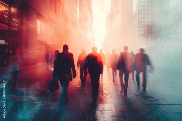 Fototapeta Commuters on their way to work in the dense morning fog of the city.

