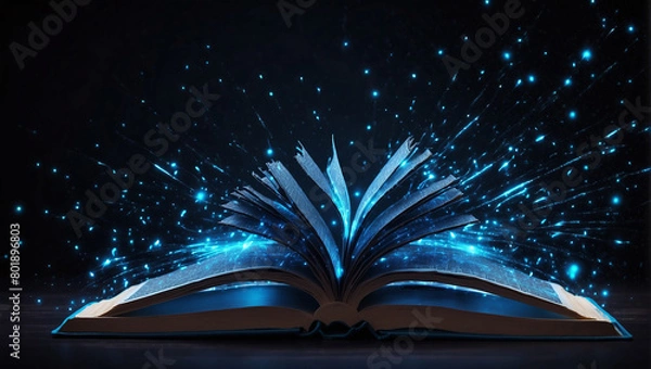Fototapeta The image is of an open book with bright blue light coming from the center.

