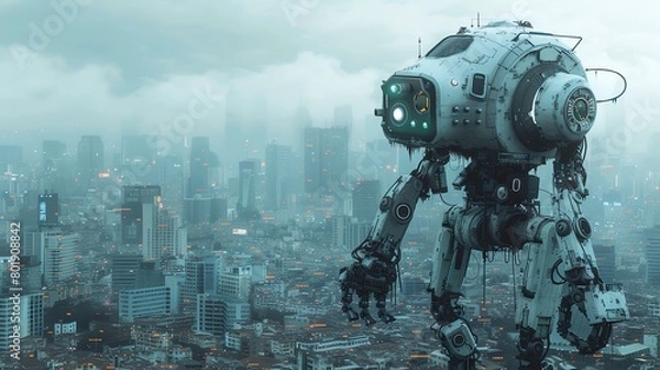 Fototapeta A giant robot stands on a rooftop, looking out over a city