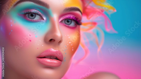 Fototapeta A woman with colorful makeup on her face. The makeup is bright and vibrant, giving the impression of a fun and playful mood. colorful make up concept
