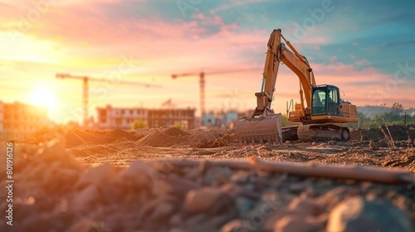 Fototapeta Excavator on construction site at sunset with cranes in background.
