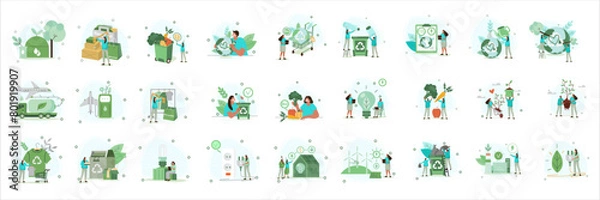 Fototapeta Vector set with flat illustrations on a white isolated background on the theme of ecology and environmental protection, clean energy production, biofuel, clean wind and solar energy.