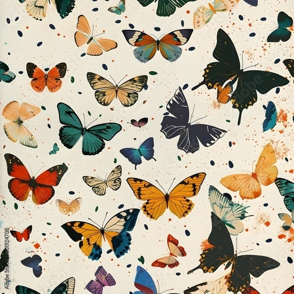 Fototapeta Whimsical illustration of a serene background with colorful butterflies, creating a mesmerizing pattern.