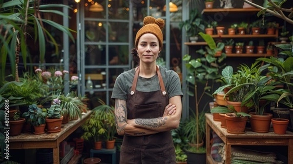 Fototapeta A woman stands in front of a greenhouse with a brown apron on