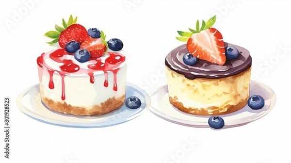 Obraz Two watercolor cakes with strawberry and blueberry topping on white plates.