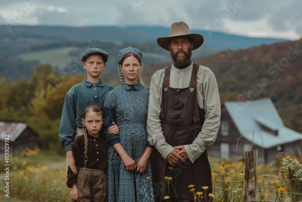 Fototapeta A portrait of the Amish on a mountain peak, with their house and mountain range in the background.

