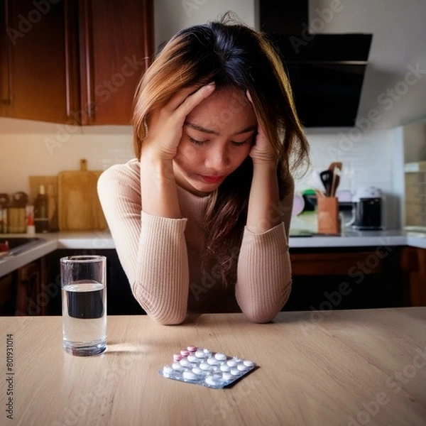 Obraz depressed adhd women sitting in her kitchen with medicine near her with a glass of water. ritalin, adderall side effects. adhd meds side effects. women experiencing brain fog and adhd symptoms.