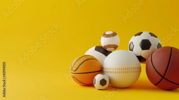 Fototapeta 3D Render: Various Sports Balls on Yellow Surface