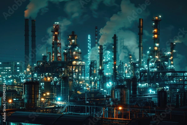 Obraz A nighttime view of illuminated pipelines at an oil refinery.


