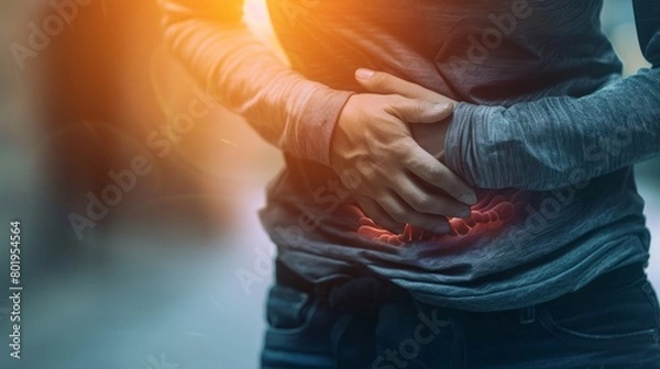 Fototapeta Illustrating Abdominal Pain: Person Clutching Abdomen with Symptoms of Gastrointestinal Distress, for online blogs, for medical website content