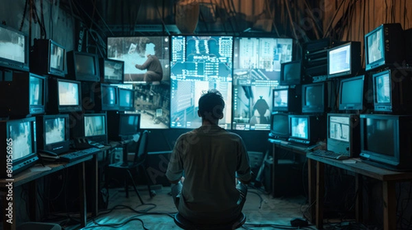 Fototapeta A man in a room with monitors, an observation point, Generative AI