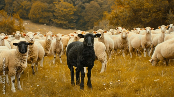 Obraz A black sheep among whites, Generative AI