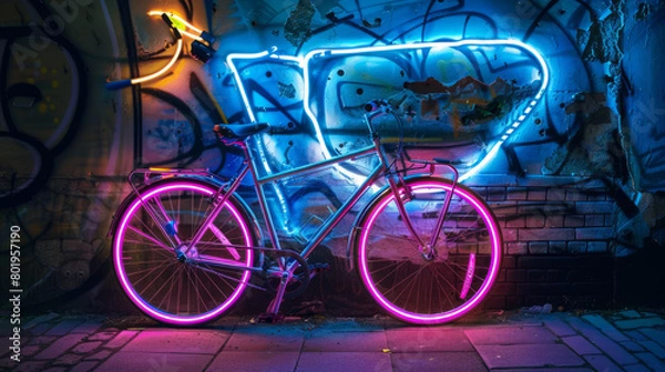 Obraz A bicycle with neon lighting, Generative AI