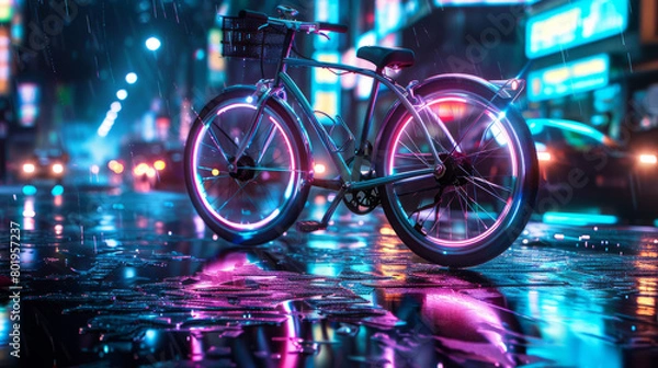 Obraz A bicycle with neon lighting, Generative AI